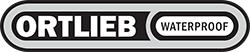 Zu sehen ist das Logo der Marke Ortlieb mit weißem Schriftzug in klaren, fetten Großbuchstaben, gefolgt vom Wort „Waterproof“ in kleiner weißer Schrift, beide gemeinsam eingefasst in einer länglichen schwarzen Ellipse mit schwarzer Umrandung.