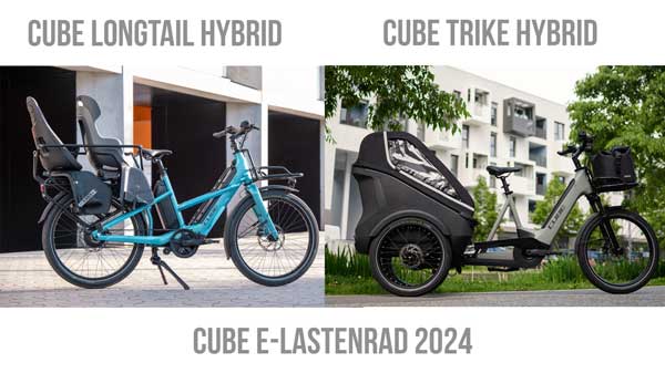 Banner mit der Aufschrift „Cube E-Lastenrad 2024“. Darunter ein Cube Longtail Hybrid und ein Cube Trike Hybrid, jeweils mit Beschriftung im Bild.