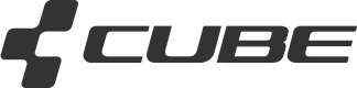 Zu sehen ist das Logo der Marke Cube mit schwarzem Schriftzug in klaren, fetten Großbuchstaben, links daneben ein stilisiertes Symbol aus drei schwarzen Quadraten.